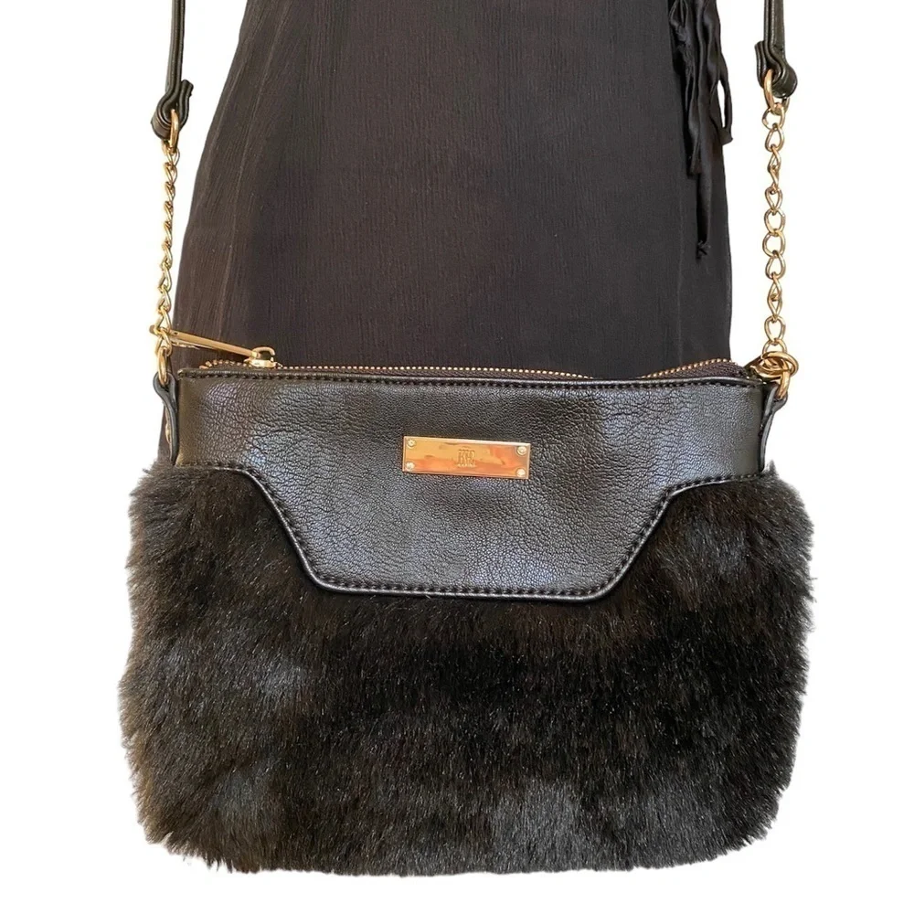 INC International Concepts Black Faux Fur Crossbody Bag